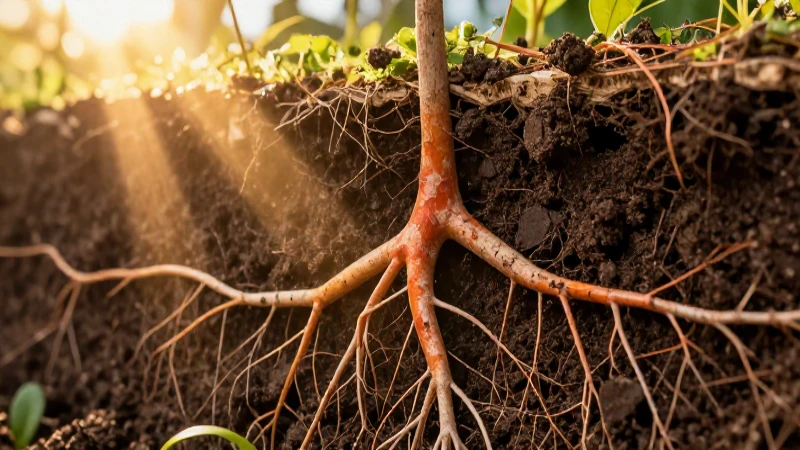 Suelo fértil y raíces en macro detallado