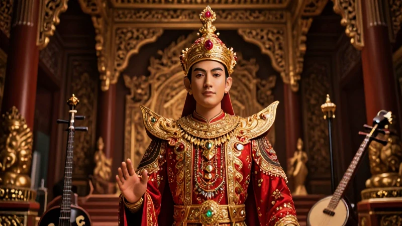 Sultan majestuoso en palacio con música y luz dramática