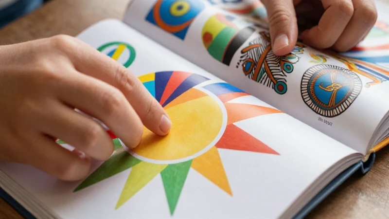 Manos usan brillante material educativo con diseño abstracto
