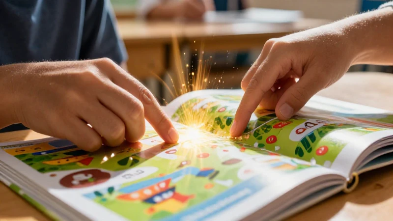 Manos interactivas en libro de estudio, ambiente iluminado