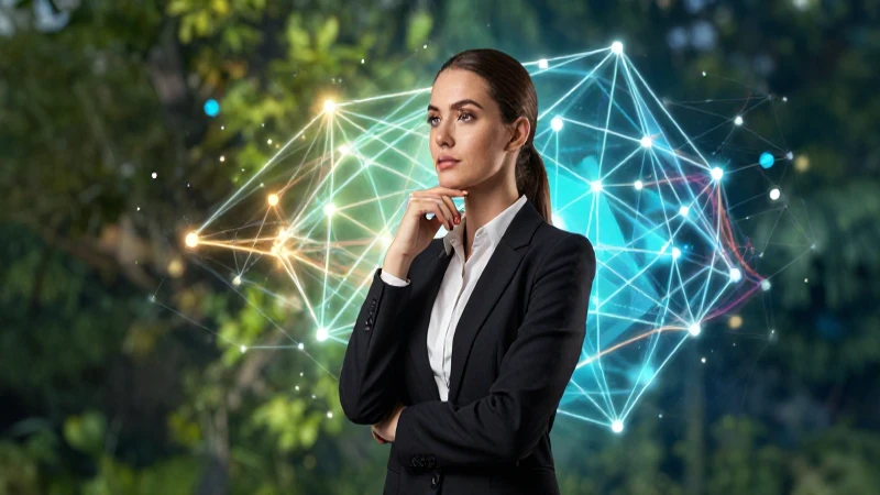 Joven profesora elegante con visualización geométrica