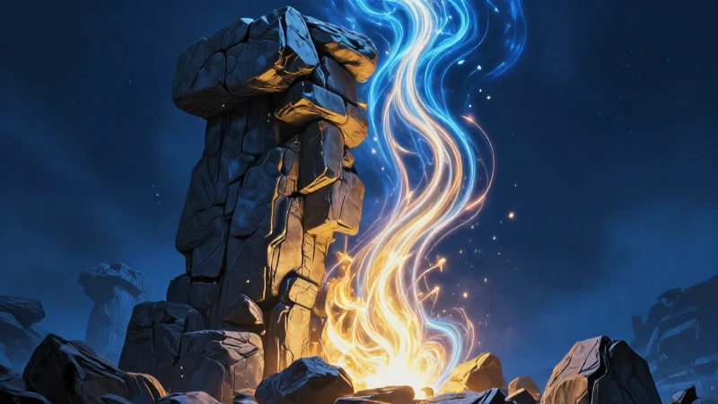 Pilar de piedra antiguo con energía azul y oro
