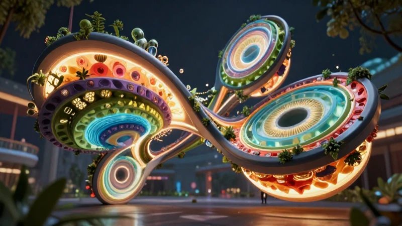 Estructura geométrica vibrante con elementos arquitectónicos brillantes
