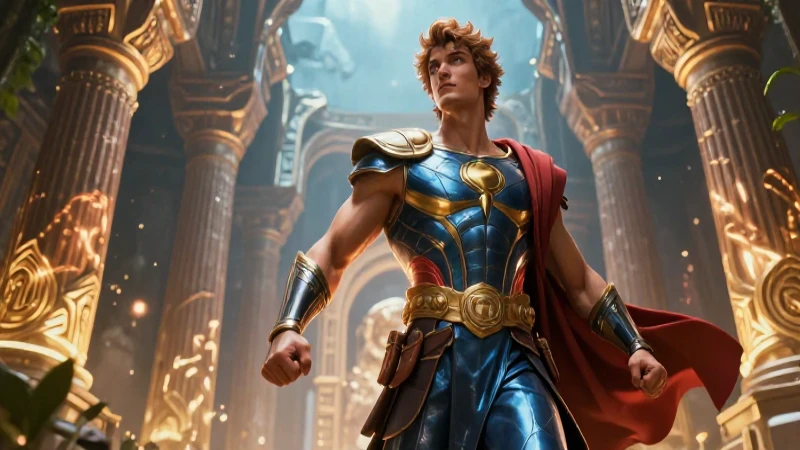 Figura heroica clásica en diseño moderno, iluminada cinemáticamente