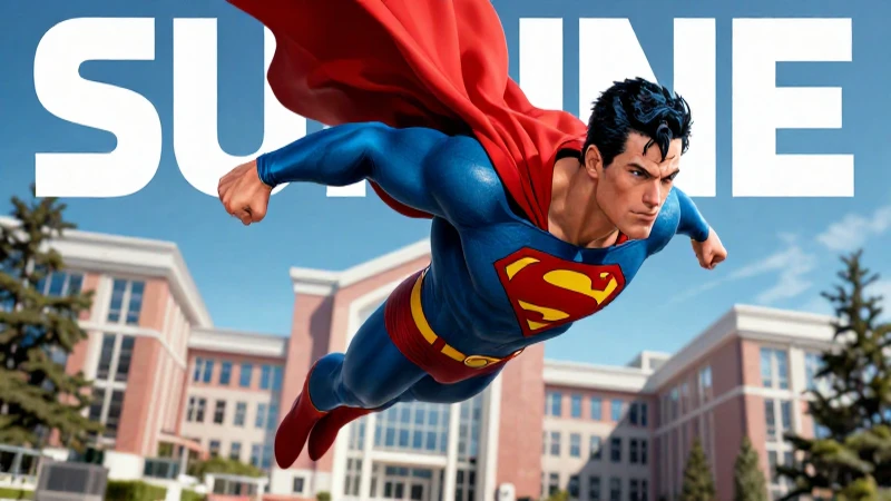 Superman poderoso en vuelo sobre campus moderno