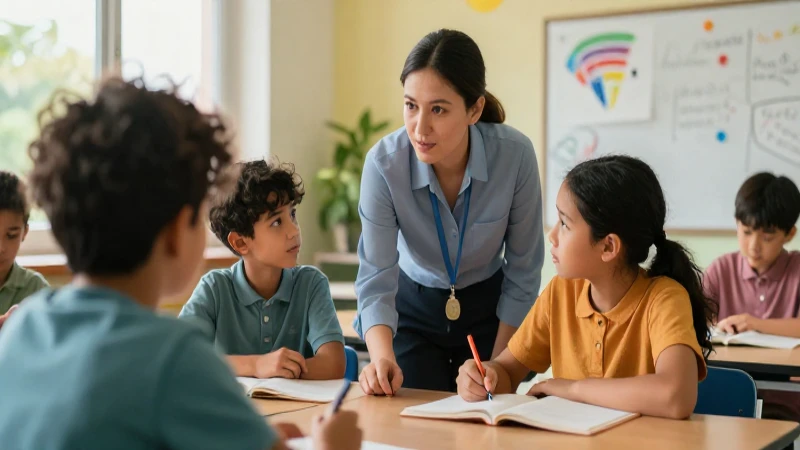 Educadora guía a estudiantes en un ambiente moderno y dinámico