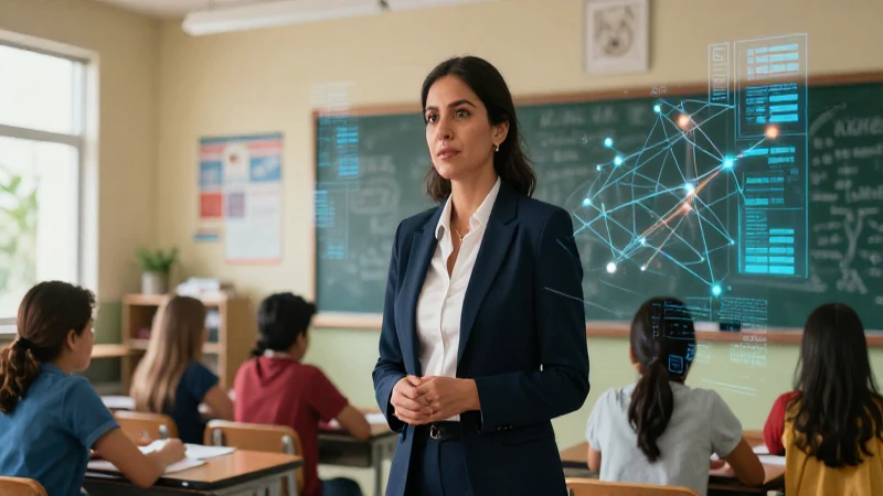 Líder educativo en un aula moderna con toque digital
