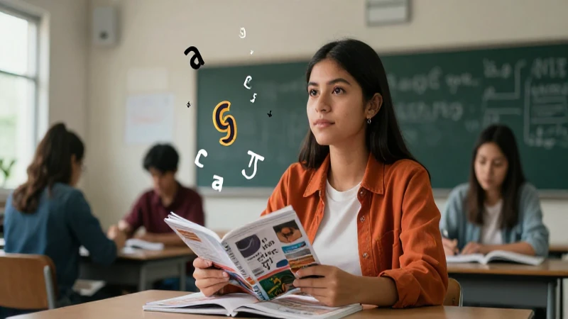 Joven mexicano en clase con símbolos flotantes