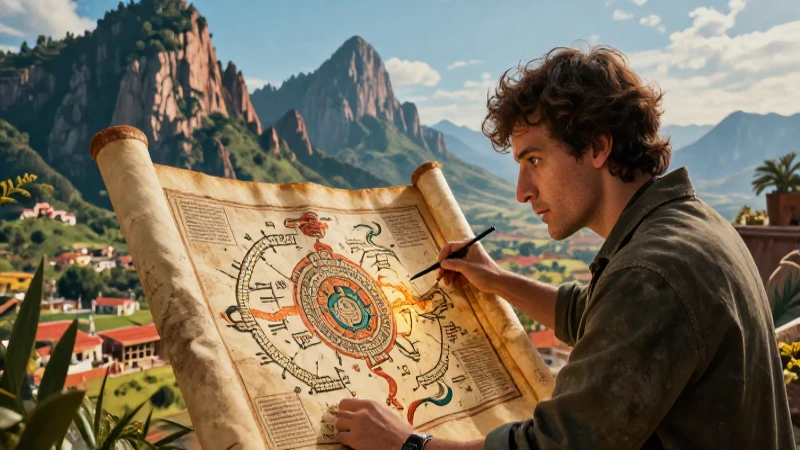 Scholar studies ancient map amidst dramatic peaks
