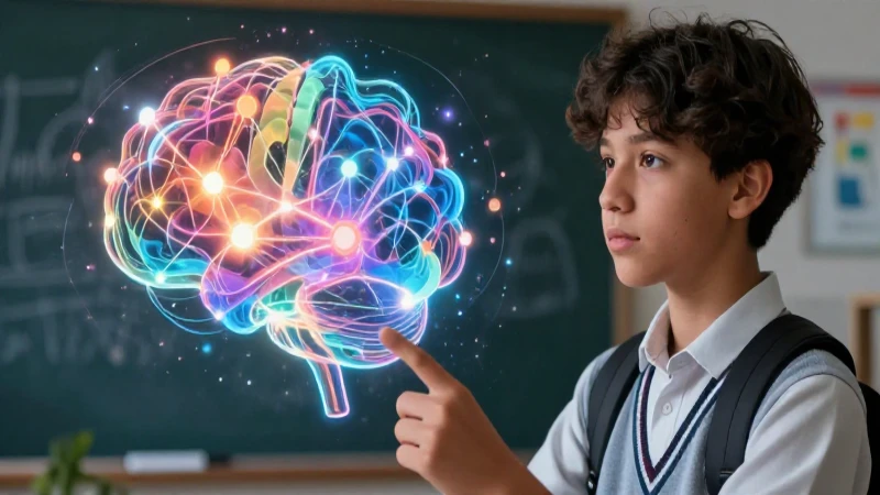 Estudiante observa mente holográfica abstracta