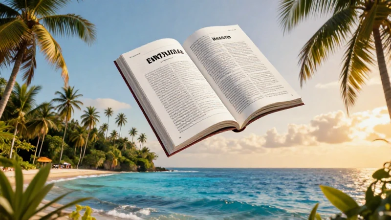 Isla tropical con libro educativo y atardecer vibrante