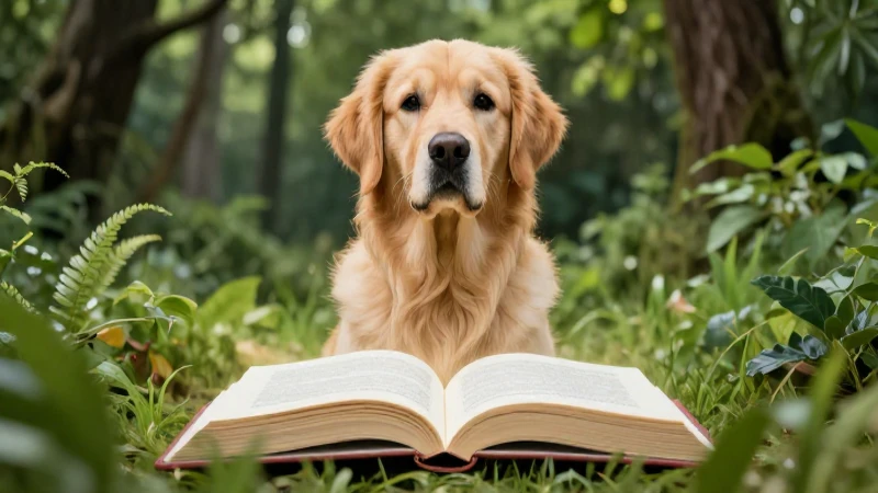 Retriever con libro luminoso en naturaleza vibrante