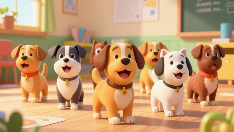 Perros estilizados y coloridos en entorno educativo