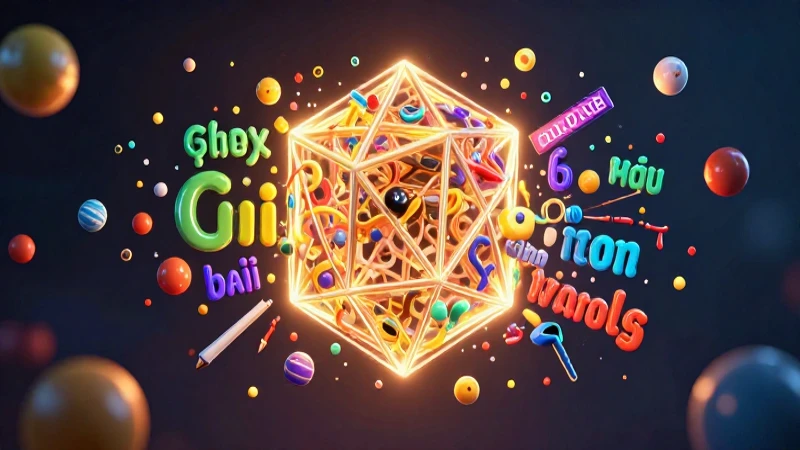 Ilustración educativa 3D con elementos lingüísticos diversos y geométricos
