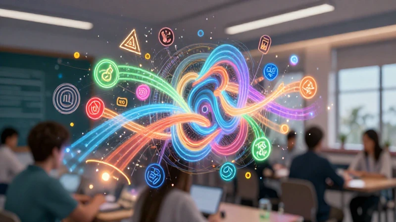 Ilustración educativa abstracta con símbolos luminosos