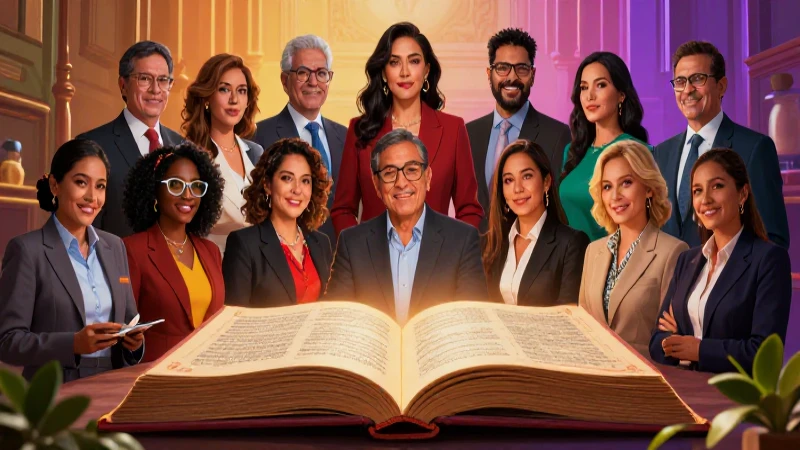 Profesionales y un libro iluminado en estilo mexicano