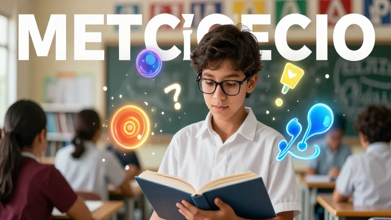 Estudiante rodeado de símbolos brillantes en ilustración educativa