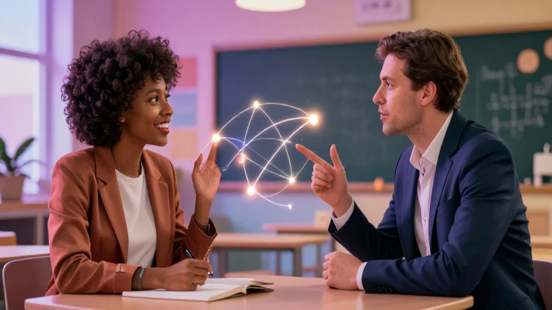 Profesionales educativos discuten en un entorno moderno y vibrante