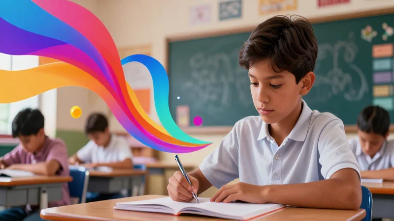 Joven estudiante en aula con conceptos abstractos vibrantes