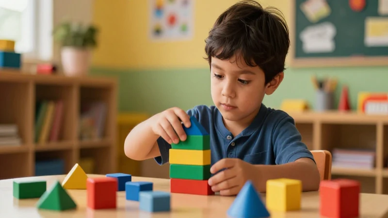 Niño vibrante con bloques geométricos