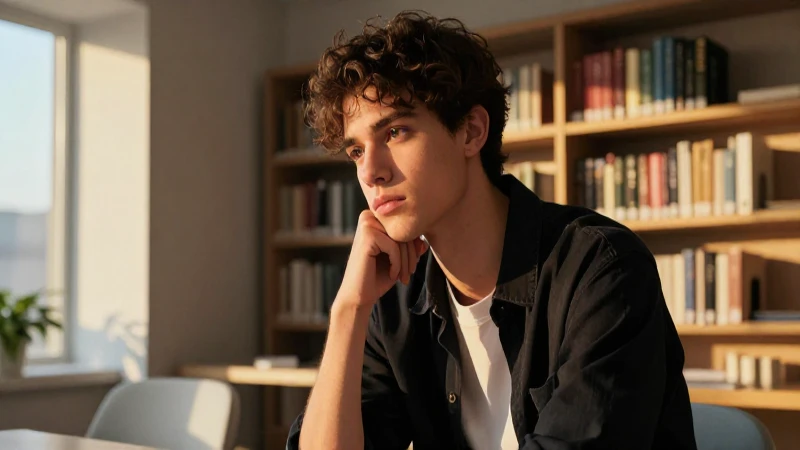 Qué significa taciturno y cuál es su definición clara 4 Retrato de joven introspectivo en biblioteca moderna