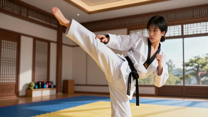 Maestro de Taekwondo lanza un potente patada lateral