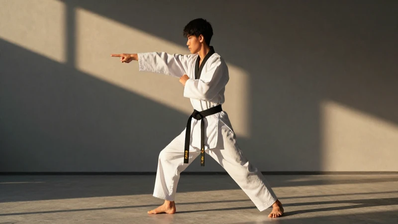 Joven taekwondista con uniforme blanco, pose dinámica, luz dramática