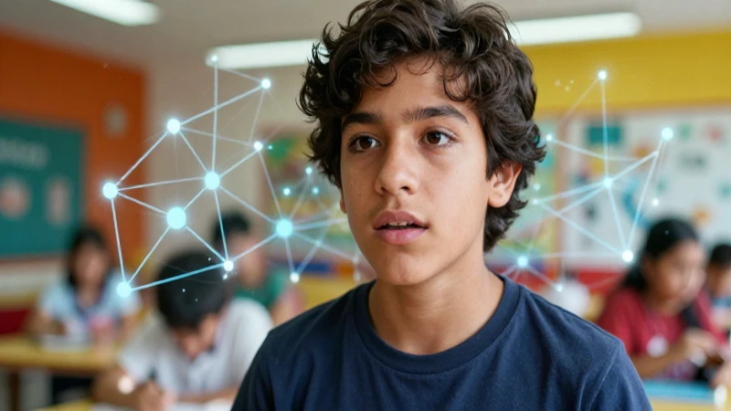 Joven inspirada y red digital en vibrante entorno educativo