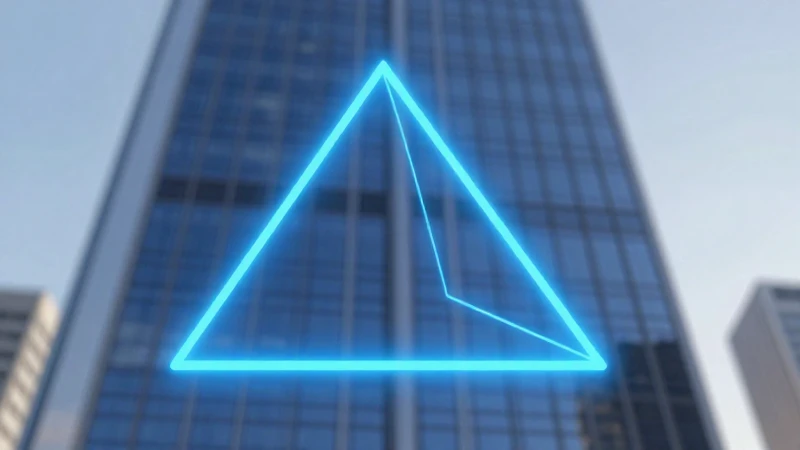 Triángulo geométrico azul sobre rascacielos modernos