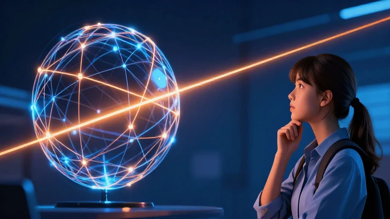 Ilustración educativa futurista con estudiante pensativo