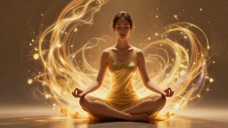 Joven en meditación rodeado de energía dorada