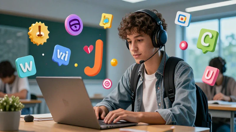 Estudiante enfocado con vocabulario digital moderno
