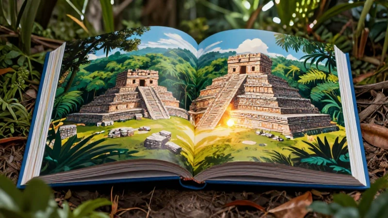Libro educativo vibrante sobre ruinas mayas