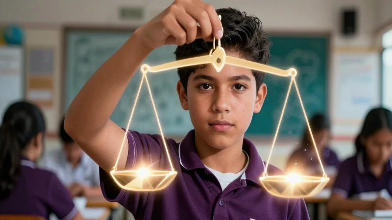 Estudiante mexicano con balanza de justicia brillante y líneas geométricas