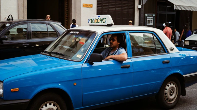 Taxi azul vibrante en calle con viajero satisfecho