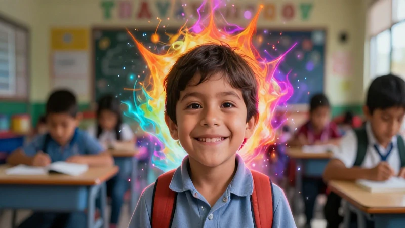 Niño feliz en escuela primaria, estilo editorial impactante