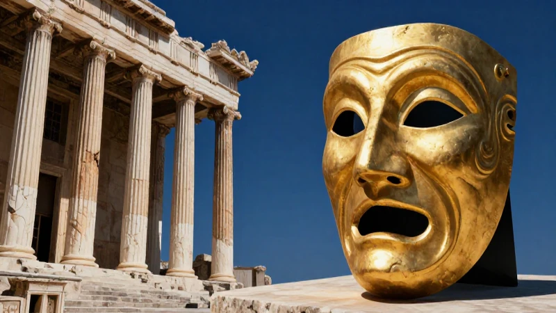 Teatro griego antiguo en mármol con iluminación dramática