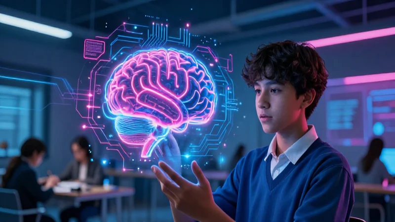 Estudiante mexicano con cerebro holográfico en azul y magenta