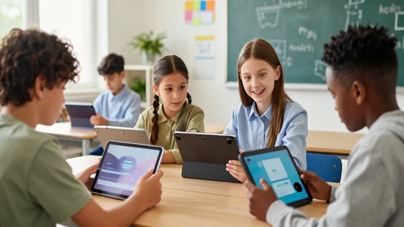 Estudiantes interactúan con tablets educativas en un aula moderna