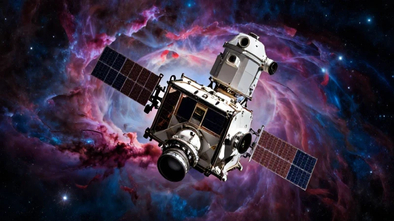 Telescopio futurista en espacio, ultra detallado
