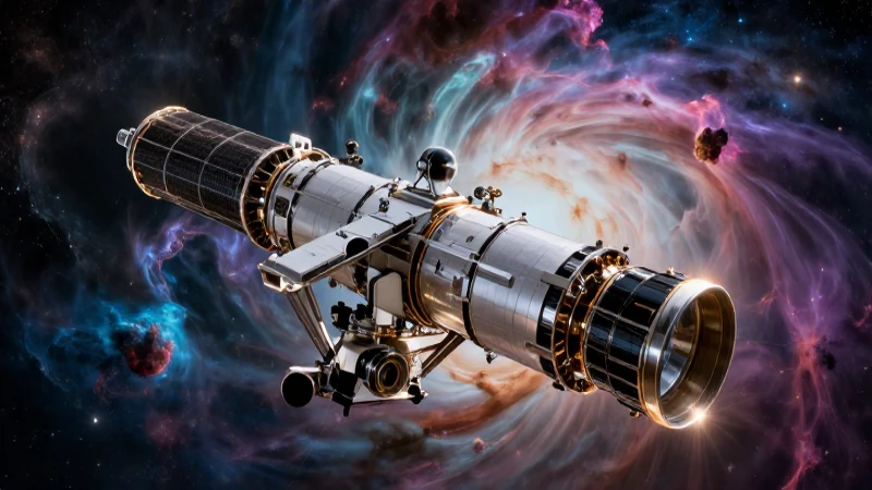 Telescopio espacial detallado con nebulosa vibrante