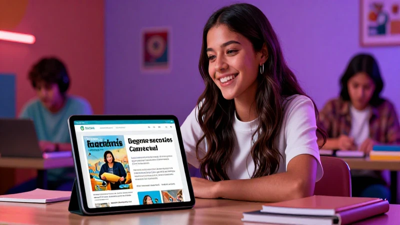 Estudiante mexicano alegre aprende digitalmente