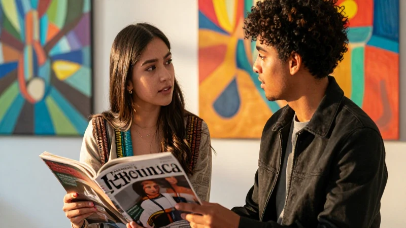 Pareja chic conversando ante arte vibrante