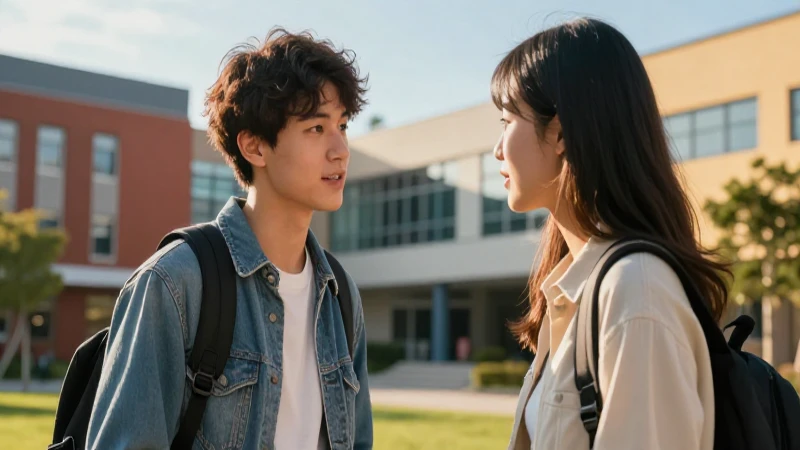Jóvenes conversan intensamente en campus con estilo