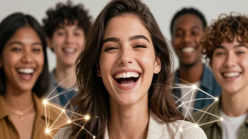 Mujer sonriente rodeada de redes y temas de conversación