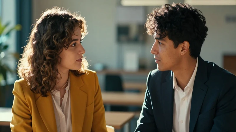 Retrato detallado de dos personas conversando profesionalmente