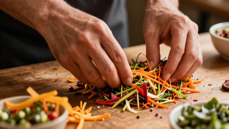 Manos preparando ingredientes vibrantes en estilo editorial