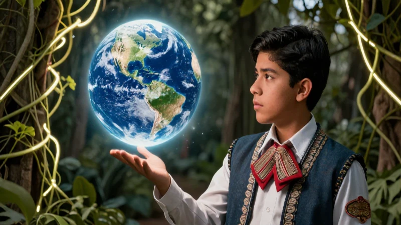Estudiante reflexivo dialogando con la Tierra brillante