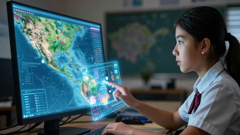Estudiante mexicano con mapa holográfico educativo