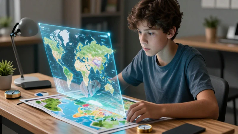 Estudiante adolescente explora mapa holográfico